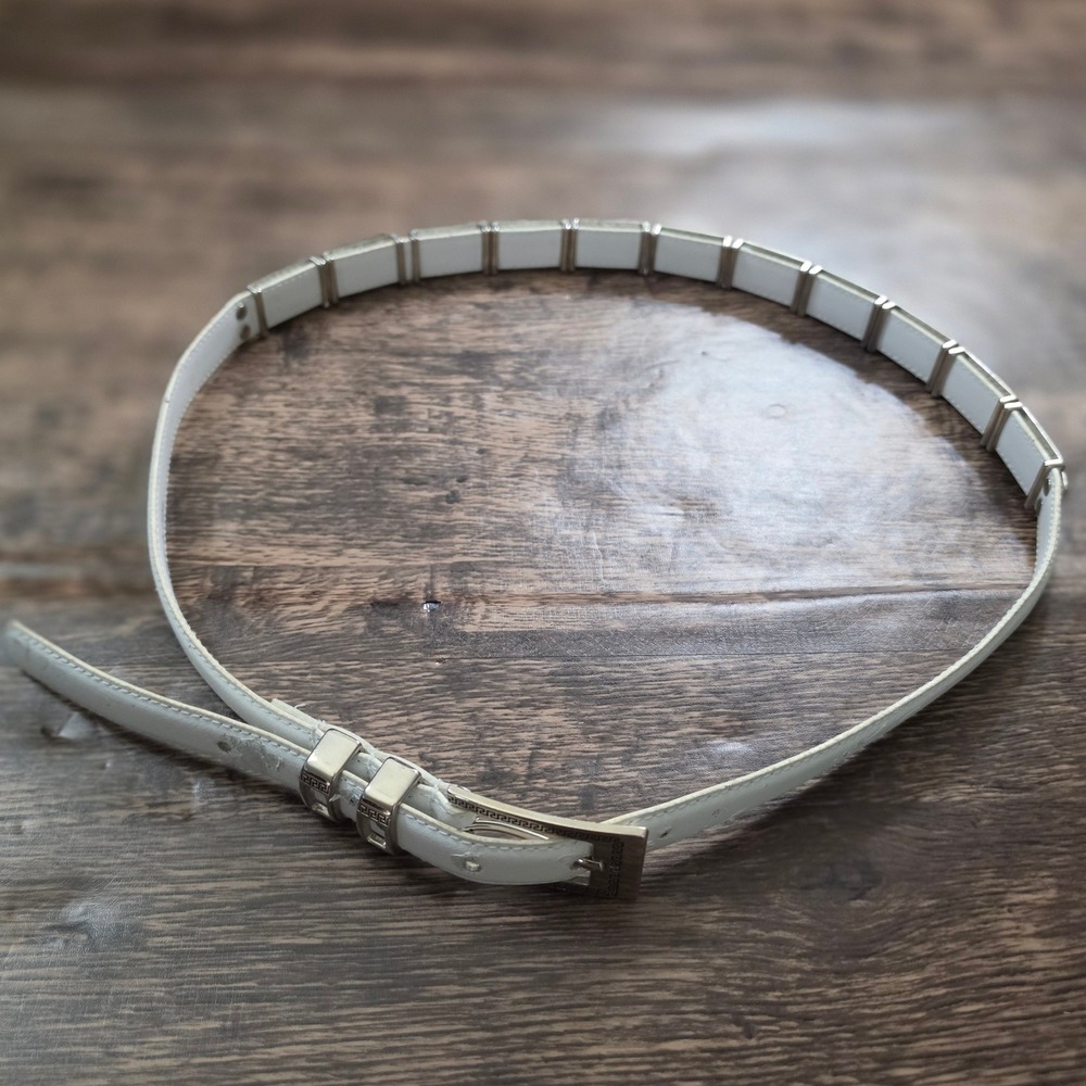UNBRANDED Greek Key Link Belt Womens XL White Genuine Leather Silver‎ Hardware